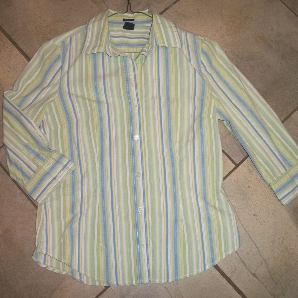 GAP Stretch Green and Blue Striped Cotton Blouse